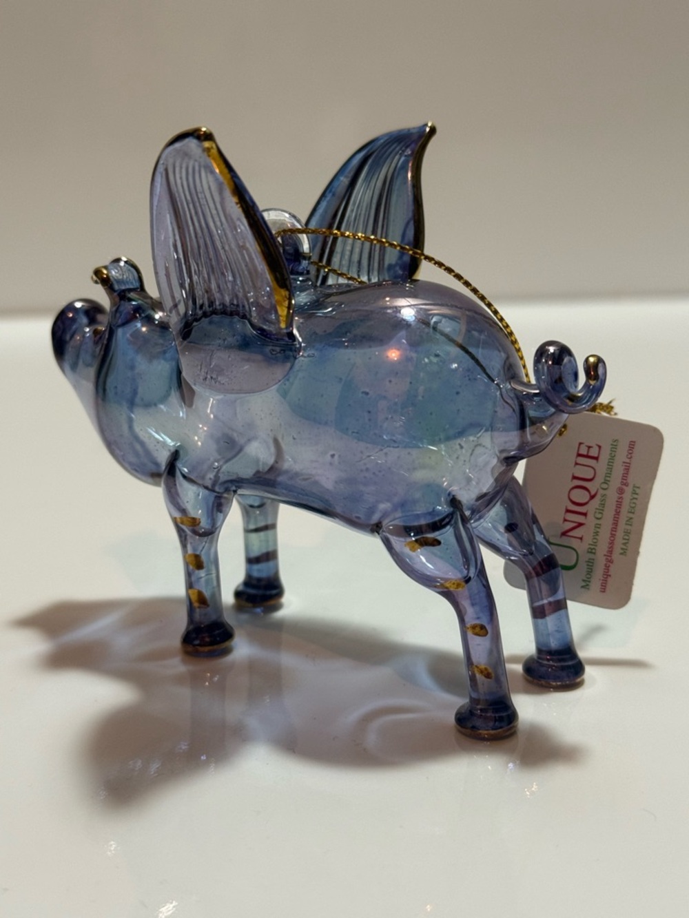 Purple Glass Hand Blown Flying Pig With Wings Ornament 10k Gold Accents Egypt - Picture 3 of 4